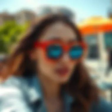 Flame Sunglasses in Trendy Outdoor Setting Flame sunglasses worn in a trendy outdoor setting