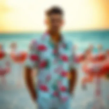 Flamingo print shirt worn in a beach setting