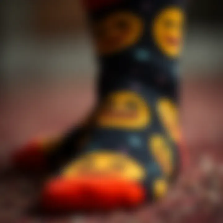 Close-up of a unique funny face sock pattern