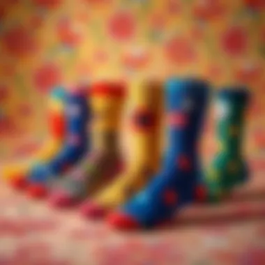 Artistic display of funny face socks on a colorful background