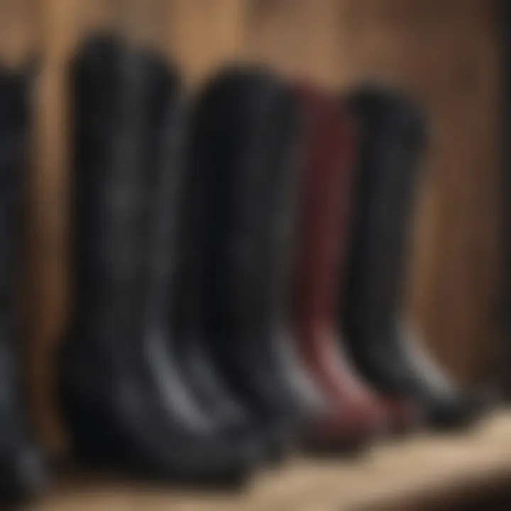 A collection of gothic cowgirl boots displayed against a rustic backdrop