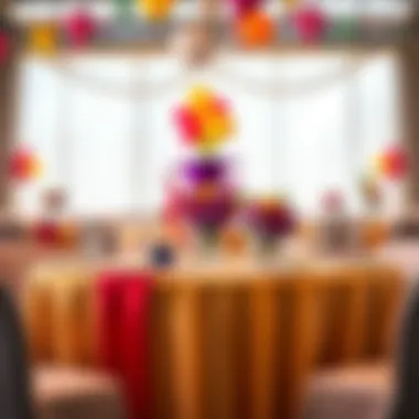 Festive Graduation Table Arrangements Colorful tablecloths arranged for a festive graduation celebration