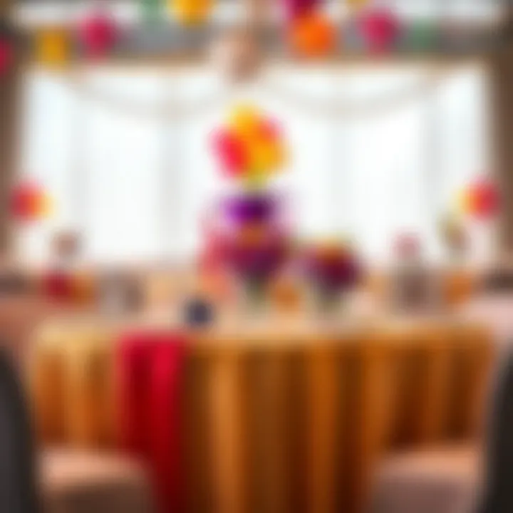 Festive Graduation Table Arrangements Colorful tablecloths arranged for a festive graduation celebration