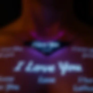 The Emotional Impact of the Necklace's Projection Close-up of the necklace projecting the words 'I Love You' in multiple languages