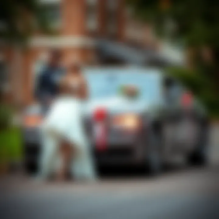 Stylish couple showcasing their Just Married vehicle