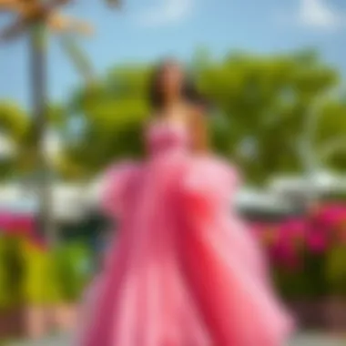 Contemporary long puffy dress in a vibrant outdoor setting