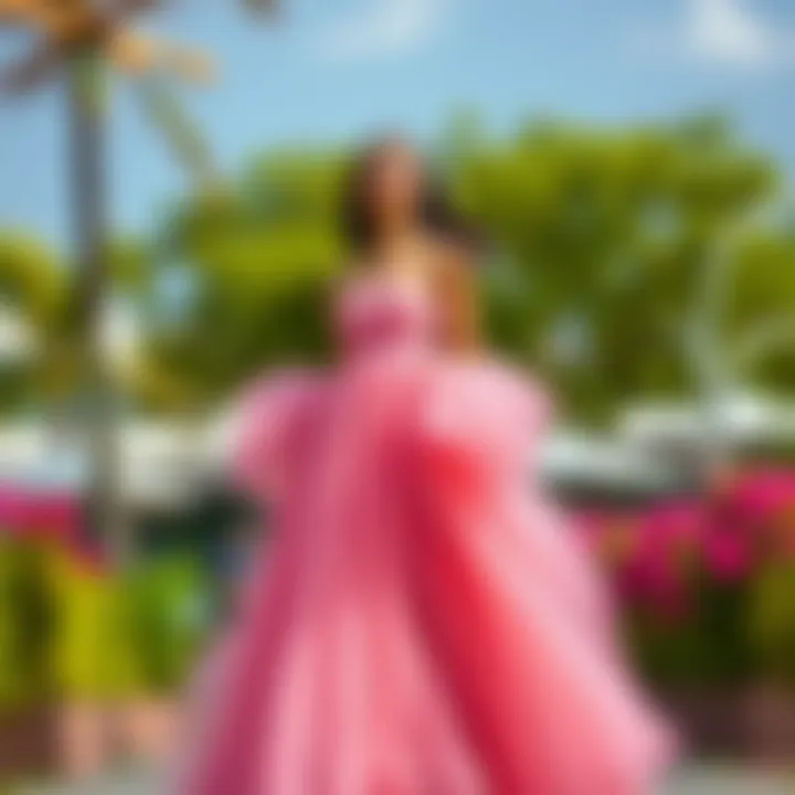 Contemporary long puffy dress in a vibrant outdoor setting