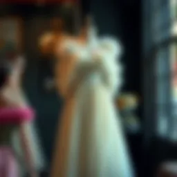 Elegant long puffy dress showcased on a vintage mannequin