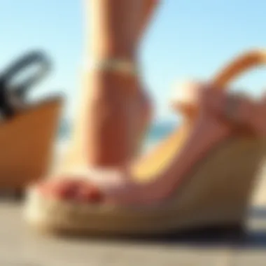 Close-up of unique design details on summer wedges