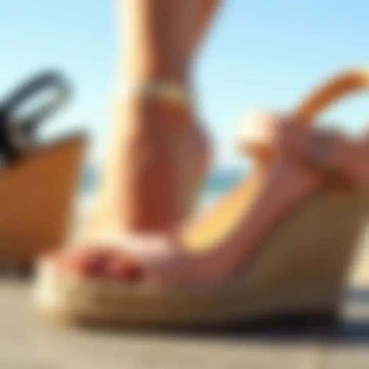 Close-up of unique design details on summer wedges