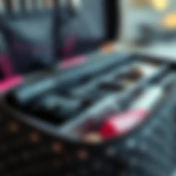 A close-up view of the features and compartments within a makeup organizer pouch