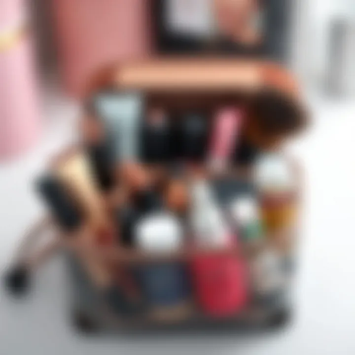 An assortment of makeup products neatly arranged inside an organizer pouch