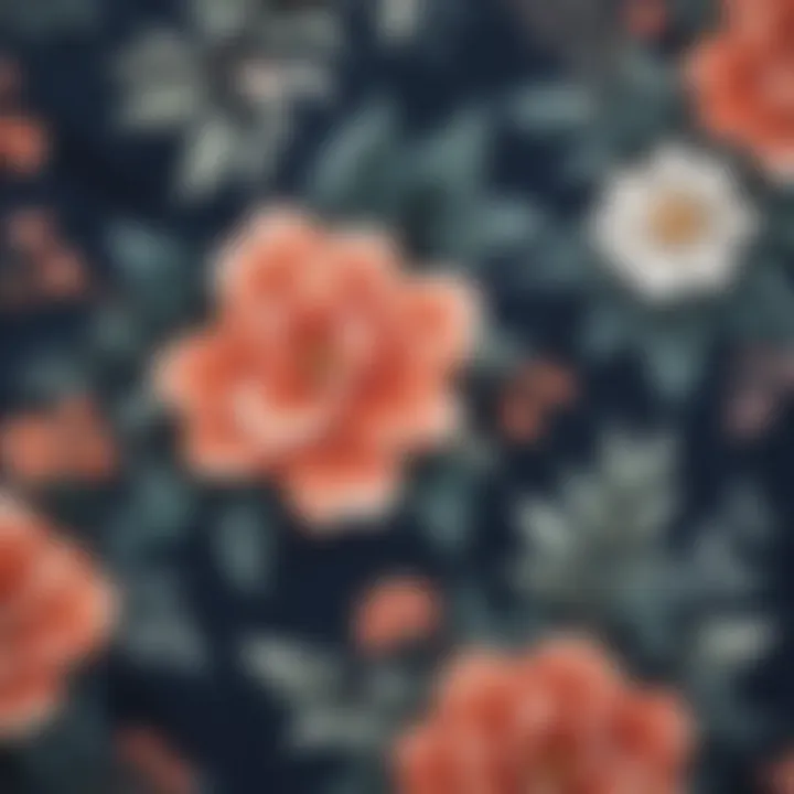 Close-up of floral pattern on navy fabric