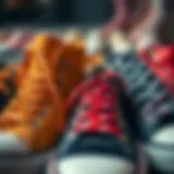 Colorful polka dot shoelaces displayed on various footwear