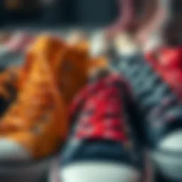 Colorful polka dot shoelaces displayed on various footwear