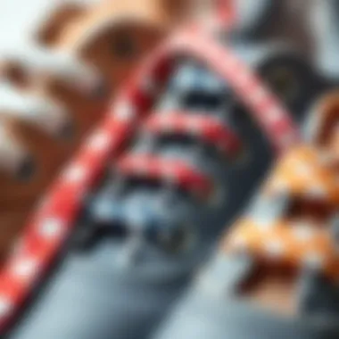 Close-up of different materials used in polka dot shoelaces