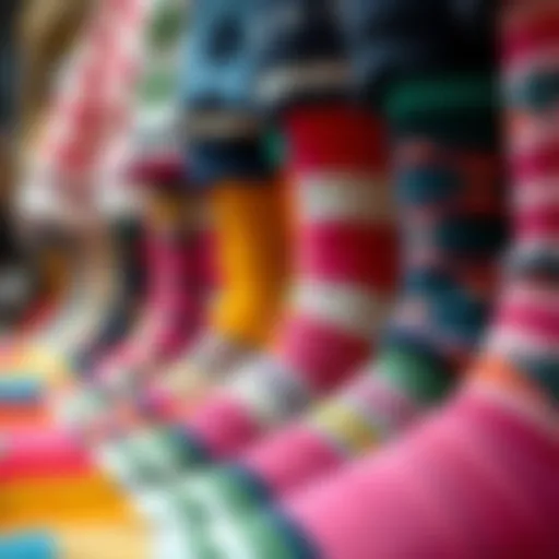 A close-up view of colorful sailor socks showcasing intricate patterns and textures