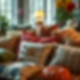 A beautifully arranged Thanksgiving pillow collection showcasing various textures and patterns