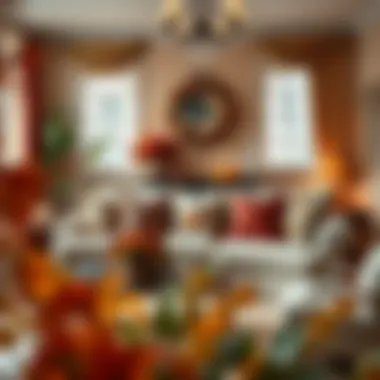 An elegant living room adorned with thematic Thanksgiving pillows complementing seasonal decor