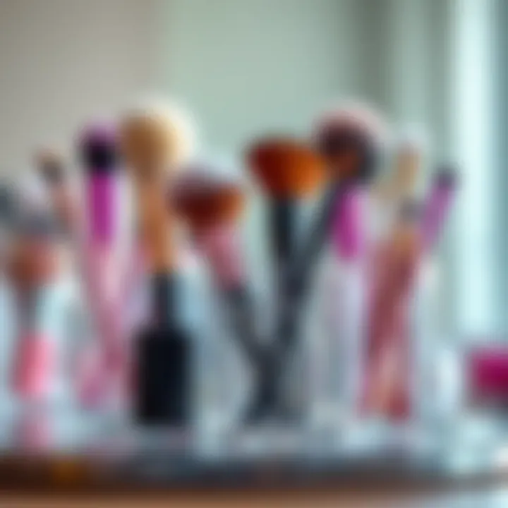 A close-up of various acrylic makeup brush holders showcasing unique designs