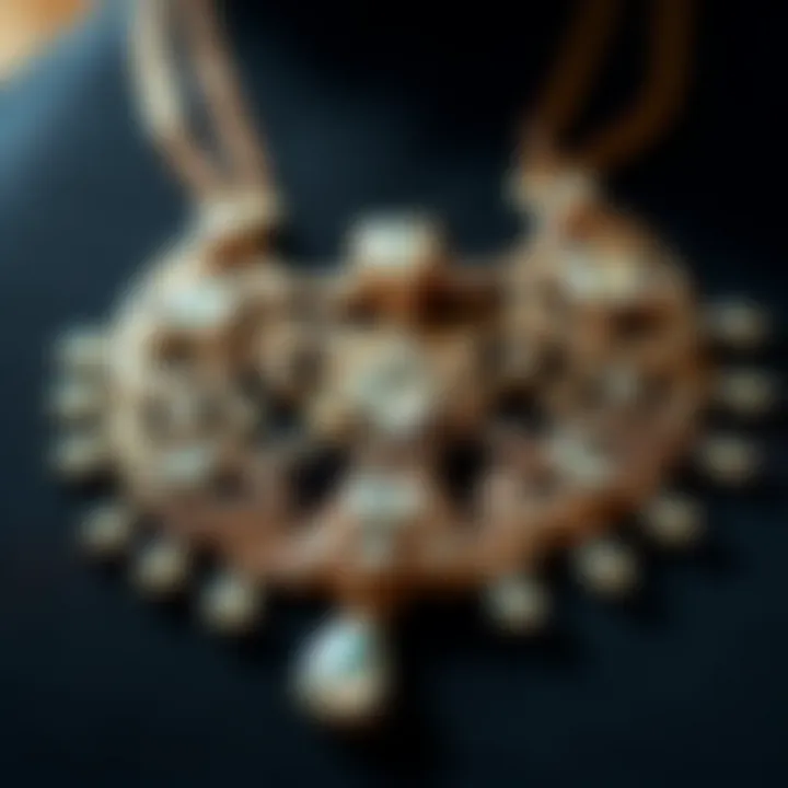 An artistically crafted necklace displaying intricate design and shiny materials