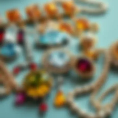 A vibrant collection of various shiny jewelry pieces laid out creatively