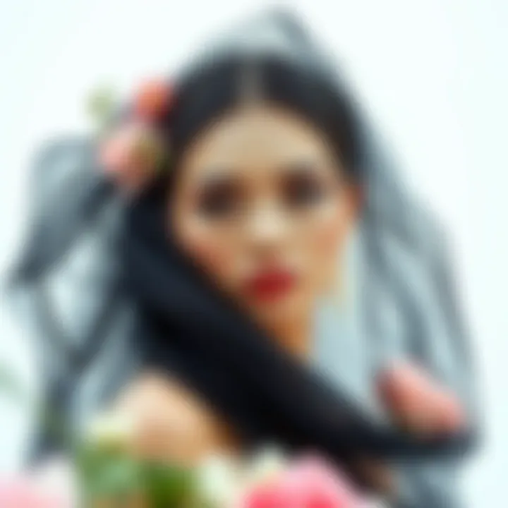 Floral Fusion: A Contemporary Black Veil Modern bride showcasing a black wedding veil with floral accents