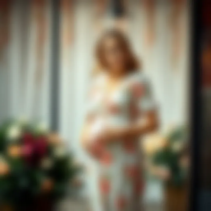 Stylish expectant mother wearing a chic floral maternity dress