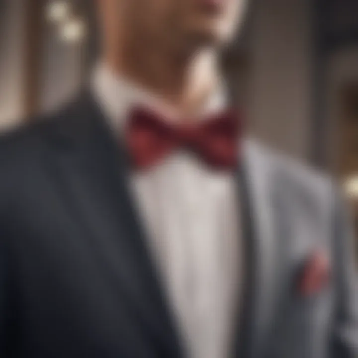 A stylish bow tie lapel pin on a tailored blazer