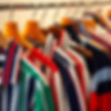 Diverse Collection of Color Block Striped Shirts An array of color block striped shirts displayed on hangers, highlighting various color combinations.