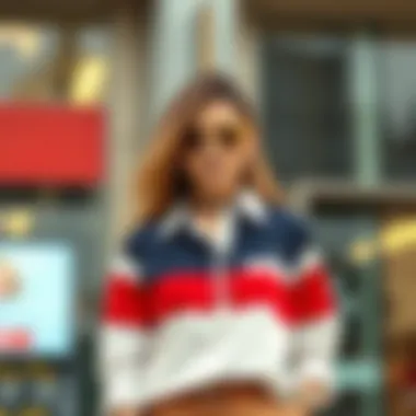 Chic Outfit with Color Block Striped Shirt A stylish ensemble featuring a color block striped shirt paired with complementary accessories.