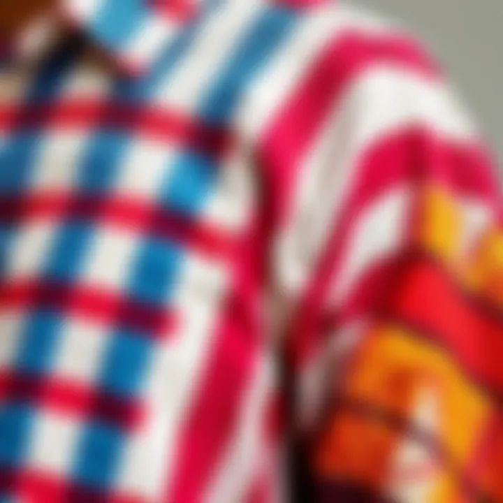 Detailed Textile Design of Color Block Striped Shirt A close-up of the intricate patterns and colors on a color block striped shirt, showcasing its textile design.