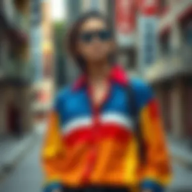 Urban Fashion with Color Block Striped Shirt A fashion-forward individual confidently wearing a color block striped shirt in an urban setting.