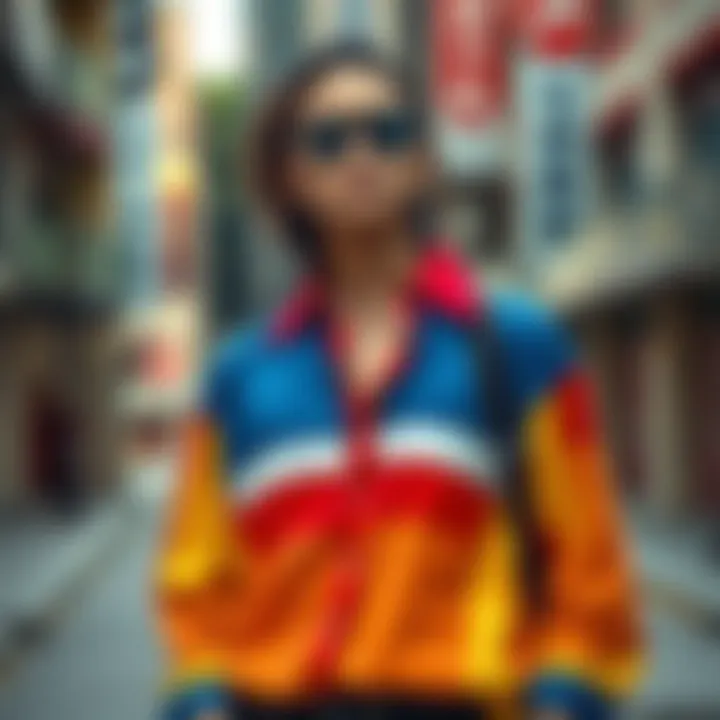 Urban Fashion with Color Block Striped Shirt A fashion-forward individual confidently wearing a color block striped shirt in an urban setting.