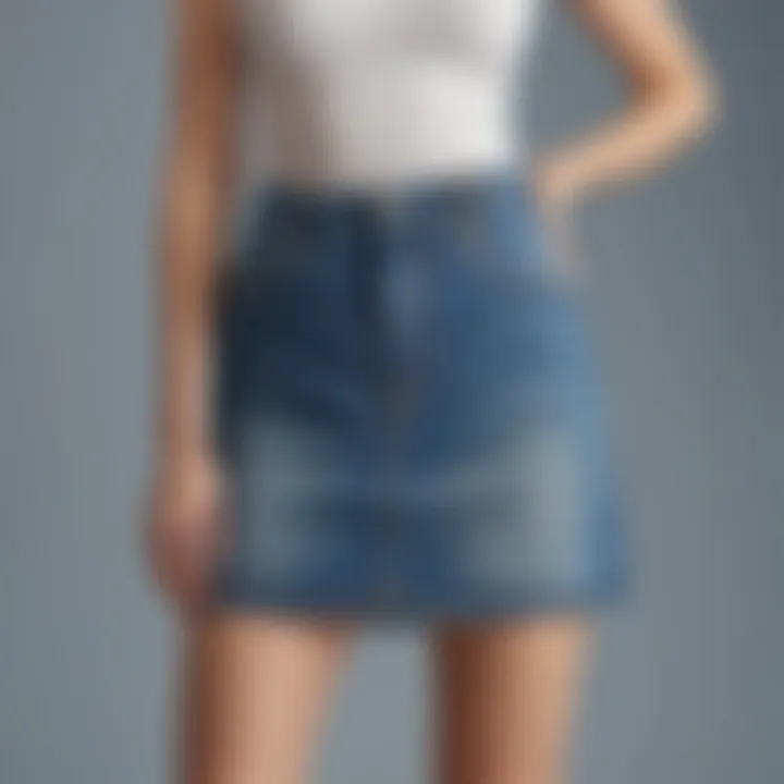 A sustainable fashion label tag attached to a high waisted blue jean skirt, emphasizing eco-friendly choices.