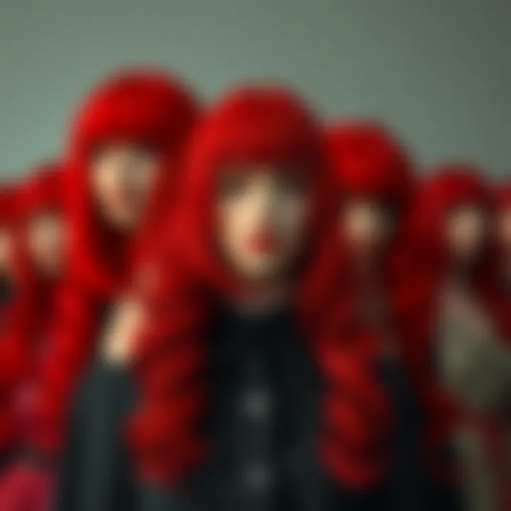 A fashion-forward display of various red wigs highlighting their versatility and style