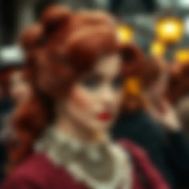 A historical overview featuring vintage illustrations of women with red wigs through different eras