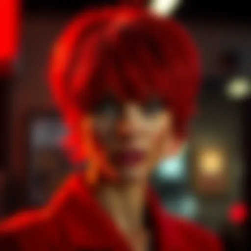 A striking portrait of a woman in a vibrant red wig showcasing confidence and individuality