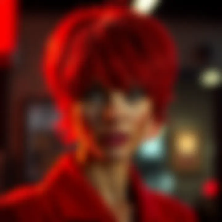 A striking portrait of a woman in a vibrant red wig showcasing confidence and individuality
