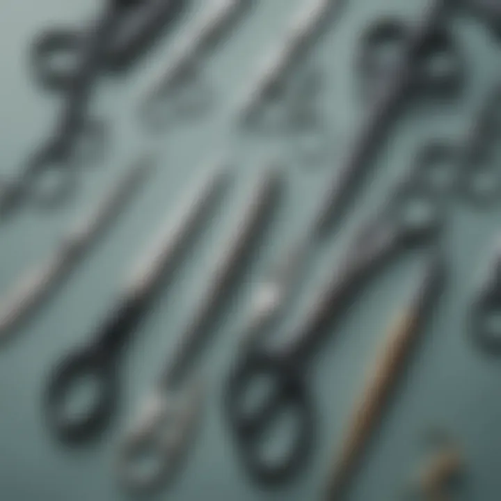 Various types of trimming scissors displayed in an organized manner