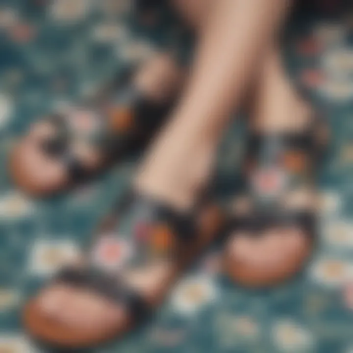 Close-up of intricate floral patterns on flat sandals