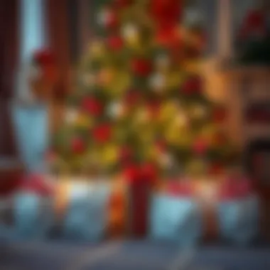 A beautifully decorated Christmas tree surrounded by reusable bags filled with gifts.