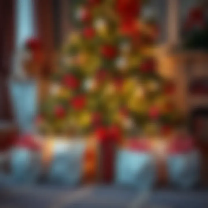 A beautifully decorated Christmas tree surrounded by reusable bags filled with gifts.