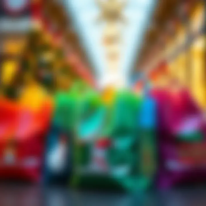 A festive assortment of colorful reusable bags adorned with holiday designs.