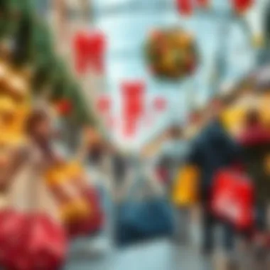 A market scene featuring shoppers using colorful reusable bags during the holiday season.