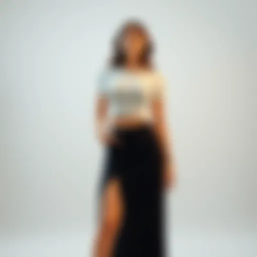 Chic Ensemble: Crop Tee and Split Thigh Skirt A stylish display of a solid crop tee paired with a split thigh skirt against a minimalist backdrop