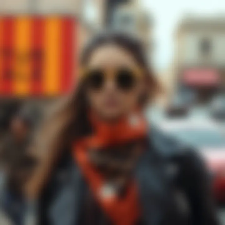 Modern Integration of a 70s Scarf in Fashion A fashionable ensemble showcasing modern integration of a 70s scarf
