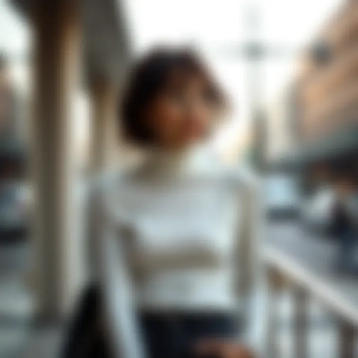 Fashion-forward individual wearing a white long sleeve turtleneck in a modern setting