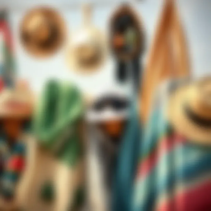 An assortment of beach shawls displayed with accessories like sunglasses and hats