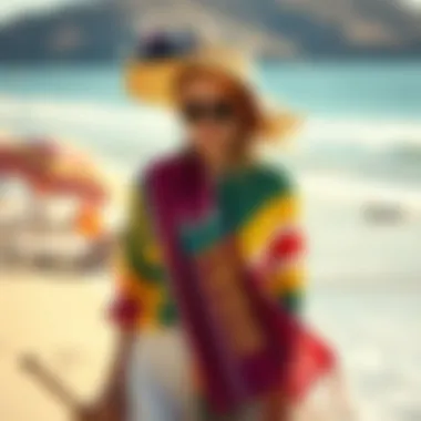 A stylish beach-goer elegantly draped in a vibrant shawl